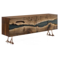 Mobilier haut de gamme Design moderne Bois massif à bord vivant et panneau latéral en résine époxy noire avec pied en métal, armoire de cuisine, panneau latéral