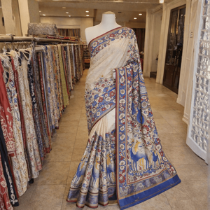 Sari Kalamkari en coton et soie, motif ivoire, peint à la main, ethnique indien, pour tous les jours, festivals et soirées - Product Image 5