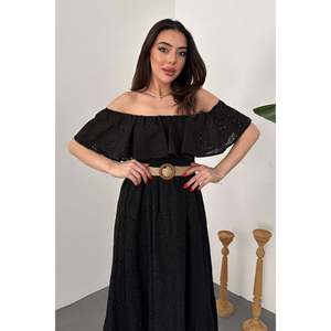 Black Off-Shoulder Broderie Anglaise <b>Dress</b> - Black - Product Image 3
