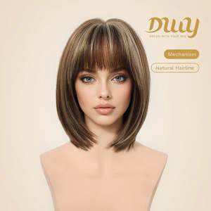 Jean Plus -DWY Glueless Synthetic <b>Wig</b> Gen 2 Large Realistic Scalp <b>Short</b> Straight Brown with Blonde Highlights Bangs - Product Image 3