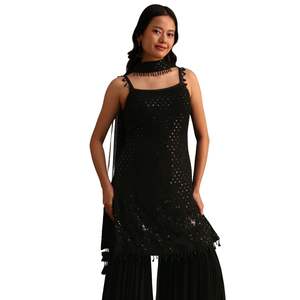 Black Embellished <b>Kurta</b> Sharara <b>Set</b> with Net Dupatta <b>for</b> Festive Wedding Reception Party Indian Occasion Wear - Product Image 1