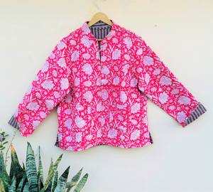 Boho Style <b>Women's</b> Reversible Quilted <b>Jacket</b> Handmade Block Printed Cotton Stand Button Closure Floral Vintage <b>Summer</b> Coat - Product Image 1