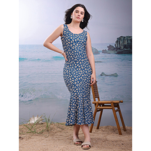 Vestido Midi ajustado para mujer sin mangas cuello redondo estampado Floral estirable tela pesada importada estilo sirena vestido de fiesta - Product Image 4