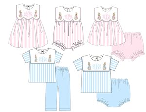 Conjuntos de Ropa Infantil de Boutique para Niños, Bordados de Pascua, Cómodos, Vestido a Rayas para Hermanos, Niños y Niñas, Rosa y Azul, con Volantes y Conejito - Product Image 1