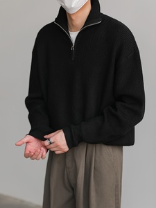 Hommes Automne Hiver Demi Fermeture Éclair Hommes Chemise Manches Longues Col À Fermeture Éclair Couleur Unie Pull À Tricoter Décontracté pour Hommes - Product Image 5