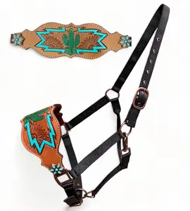 Western Ruiter Argentine Koe Leder Paard Bronc Halter Verstelbare Nylon Bandjes Handgeschilderde & Gegraveerde Cactus & Zonnebloem