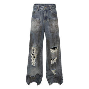 Jeans en denim droit à ourlet brut délavé, très demandés pour l'hiver, pour hommes - Product Image 1