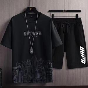 Summer Two piece T-shirt Shorts set baggy T-Shirt Short Sleeved Minimalist Cropped Pants Casual Men's summer Set - Product Image 5
