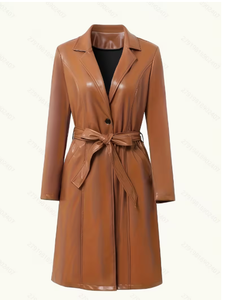 Manteau long en similicuir PU pour femme grande taille, coupe-vent, chaud, pour l'hiver, avec ceinture, style décontracté, manteau long en cuir pour femme - Product Image 3