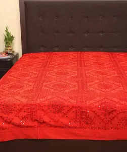 Indian Embroidered Mirror Work Double Bedspread Cotton Handmade Bed Sheet