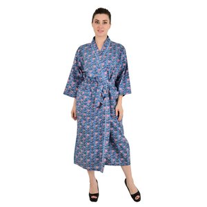 Boho-Kimono Style Cotton Housecoat with Hand-Drawn Indian Floral Print Lightweight with Belt Decoration Single Piece - Product Image 1