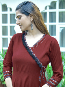 Angrakha de Algodón Estampado para Mujer, Estilo Anarkali Kurta, Largo hasta la Pantorrilla, Cuello en V, Manga Tres Cuartos, Ropa Tradicional Étnica, Color Granate - Product Image 2