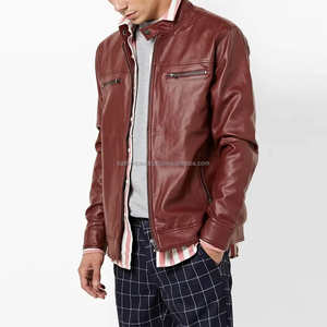 <b>Burgundy</b> Slim Fit Leather <b>Jacket</b> for Men with Stand Collar and Zippered Pockets Ideal for Smart Casual Streetwear - Product Image 1