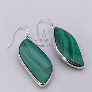 Boucles d'oreilles en malachite, feuille en argent sterling, bijoux artisanaux en pierres précieuses naturelles - Product Image 6