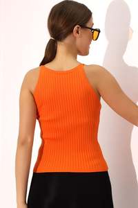 Women's Orange Rib Knit Sleeveless <b>Cami</b> <b>Top</b> O-Neck Casual Solid Color Breathable Stretch Fit Summer Wear - Product Image 5