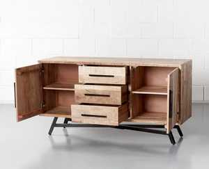 Rustic Mango Wood & Iron Sideboard Industrial style living room storage with drawers and <b>shelves</b>. - Product Image 2