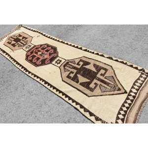 3x10.6 ft Turkish Rug, Vintage Runner Rug, <b>Brown</b> White Plants & trees <b>Wool</b> Rug - Product Image 4