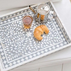 Plateau de service rond en os incrusté artisanal de luxe avec motif floral et feuille complexe, table basse décorative par f s i - Product Image 1