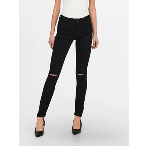 Pantalones vaqueros ajustados Boyfriend de algodón negro con estilo e informales para mujer, pantalones vaqueros elásticos con aspecto rasgado y estampado de cintura con logotipo - Product Image 1