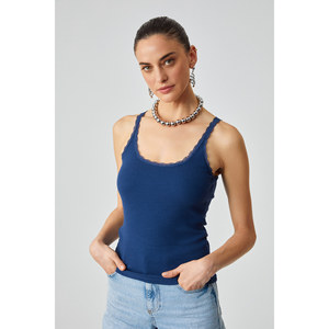ETHIQUET BARRY Camiseta sin mangas con cuello redondo y tiras finas con detalles de encaje de algodón de corte regular para mujer - Product Image 3