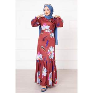 Robe à motifs floraux bordeaux manches en mousseline de soie imprimée sur mesure taille XL longueur genou ODM fourni volants Appliques Spandex - Product Image 4