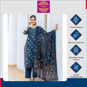 Alta calidad verano especial elegante y transpirable diseñador Cambric algodón A-Line Kurti con pantalón a juego Dupatta conjunto - Product Image 5