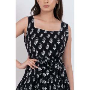 Nuevo Vestido Mini de Algodón con Cuello Cuadrado y Estampado Floral Negro para Mujer, Estilo Elegante en Línea A, para Fiestas/Días de Club, Vestidos Casuales - Product Image 3