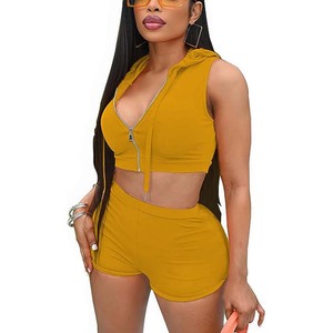 <b>Top</b> Trending Women's 2 Piece Tracksuits Casual Sleeveless Zip up Custom Drawstring Hoodie Elastic Waist Hoodie and Shorts Set - Product Image 5