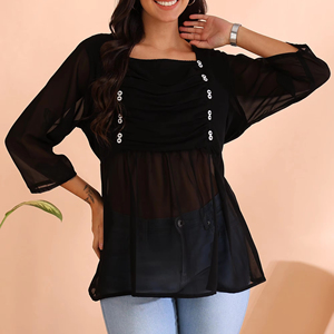 Haut décontracté en Georgette noire pour femmes avec manches 3/4 col carré bouton détaillant motif décoration un ensemble - Product Image 1