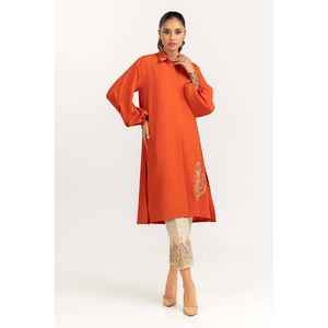 เสื้อเชิ้ตผู้หญิงผ้าจอร์เจียต์ย้อมสีส้มปักลายทรงหลวม ไซส์ XL ถึง 4XL สไตล์ตะวันตก สำหรับฤดูใบไม้ผลิและฤดูใบไม้ร่วง ความยาวสั้น ตกแต่งด้วยลูกไม้ - Product Image 3