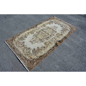 Alfombra turca vintage de gran superficie de 3,4x7 pies, clásica, de lana beige y marrón con respaldo de látex, patrón de retazos para dormitorio, pasillo, cabecera - Product Image 3