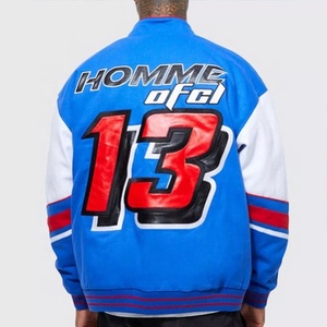 Chaqueta de moto de cuero con estampado Retro de Color azul personalizado, chaqueta de carreras de cuero con parche con logotipo OEM para hombre, béisbol universitario - Product Image 2