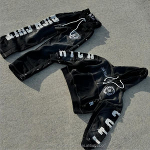 Conjunto de pantalones de chándal y Sudadera con capucha desgastados con diamantes de imitación bordados con serigrafía de lavado ácido de gran tamaño y peso pesado personalizado - Product Image 4
