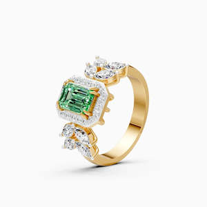 Bague fantaisie en or jaune, blanc et rose 9 carats avec diamant de laboratoire de 0,79 ct, émeraude verte et marquise latérale taille fantaisie - Product Image 2