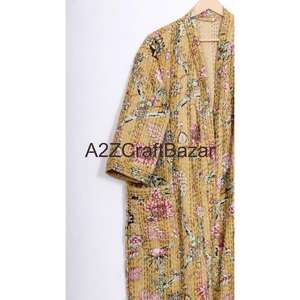 Classy Kantha <b>Kimono</b> <b>Jacket</b> Quilted Hand Printed Cotton Elegant Festive Wear Breathable Long V-neck Drawstring Closure Floral - Product Image 3