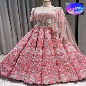 Elegant Pink Embroidered Lehenga with <b>Thread</b> Work and <b>Beaded</b> Dupatta Perfect for Engagements, Weddings, or Festive Occasions - Product Image 1