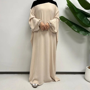 Trendy Women Kaftan Abaya Cotton Poly Blend Loose Fit Modest Floor Length Four-Way Stretch High Neck <b>Long</b> Sleeve <b>Dress</b> Ramadan - Product Image 4