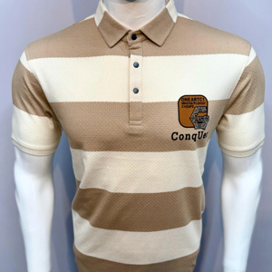 Camiseta de manga corta bordada a rayas informal para hombre, tejido de punto de algodón y poliéster con logotipo frontal - Product Image 5