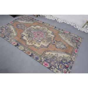 พรมตุรกีวินเทจ4x7ft สีเบจสีฟ้าแบนสานเย็บปะติดปะต่อกันผ้าขนสัตว์ที่มีน้ำยางสำรองสำหรับตกแต่งห้องนั่งเล่นวัยรุ่น - Product Image 4