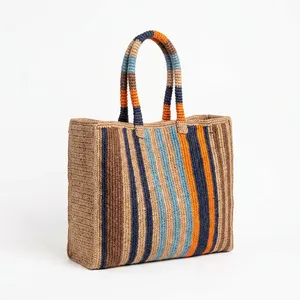 Sac fourre-tout bohème en crochet de raphia à rayures, grande capacité, sac à main décontracté pour femme, usage quotidien, deux poignées, ouverture supérieure - Product Image 6