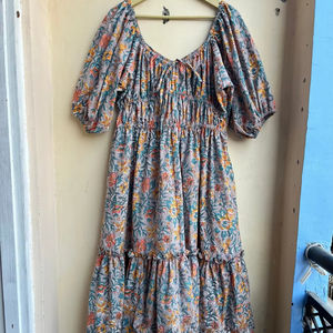 เดรสผ้าคอตตอนมิดิลำลองสำหรับผู้หญิงเดรส100% คอตตอนอินเดียคอเสื้อแต่งพู่ปักลายฤดูร้อน - Product Image 1