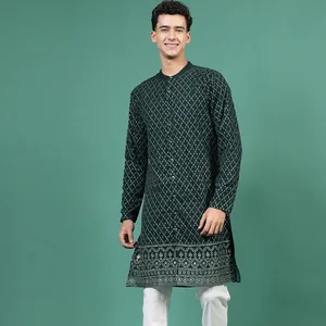 Men's Green Color Embroidered Kurta With Pajama Best Quality At Lowest Price Supplier India Men's Fashionable For Wedding Wear