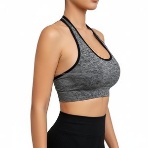 Sexy Halter Neck Sports Bra Heather Grey Yoga Top Sleeveless Backless Workout Gym Bra Contrast Binding Activewear for Women - Product Image 2