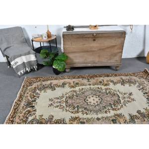 พรมตุรกีสีน้ำตาลเบจแบบวินเทจทำด้วยมือทรงสี่เหลี่ยมผืนผ้าดีไซน์แบบเย็บปะ4'1x7'2ฟุตสำหรับวัยรุ่นที่อาศัยอยู่ผ้าขนสัตว์ยางโพลีเอสเตอร์ - Product Image 2