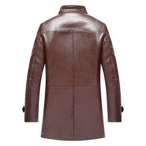 <b>Men's</b> Brown PU Leather <b>Jacket</b> <b>Long</b> Sleeve Stand Collar Windproof Casual Winter Coat Faux Fur Lined Slim Fit - Product Image 4