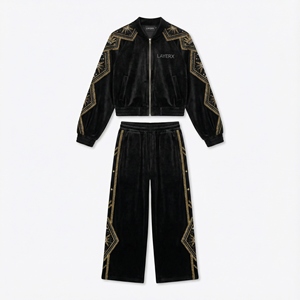 Ensemble de survêtement pour femmes tendance 2026, imprimé de strass, uni, écologique, respirant, veste courte en velours noir, pantalon large - Product Image 1