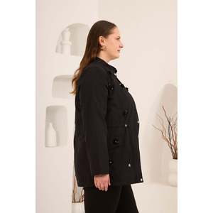 RMG Women's <b>Plus</b> <b>Size</b> <b>Black</b> Cotton Blend <b>Trench</b> <b>Coat</b> with Elegant Floral Appliques - Autumn Winter Outerwear - Product Image 4