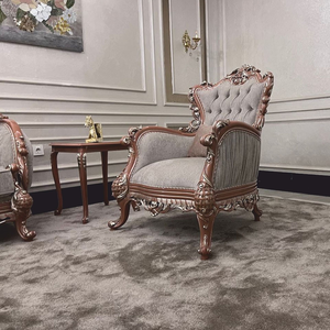 Sillón de Salón de Estilo Europeo Real, Tallado a Mano, Lujoso y Clásico, Tapizado en Tela con Detalles Plateados - Product Image 2