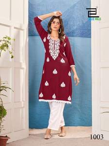 Conjunto de Kurti Bordado Estilo Bollywood de Tela de Rayón con Corte Único, Mejor Precio, Oferta de Compra al por Mayor - Product Image 6