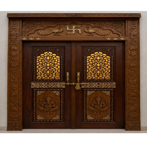 Porte de Mandir traditionnelle avec gravure de mantra Lotus Jaali, porte d'entrée de temple, porte de Pooja en teck sculpté du Dieu Ganesha - Product Image 1